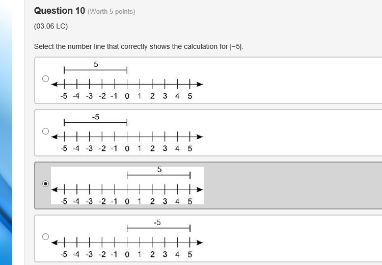 Select the number line that correctly shows the calculation for |−5|. PLEASE HELP-example-1