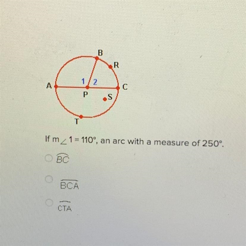 If m<1 =110 an arc with a measure of 250-example-1