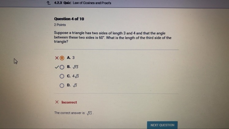 Suppose a triangle has two sides of length 3 and 4 and that the angle between these-example-1