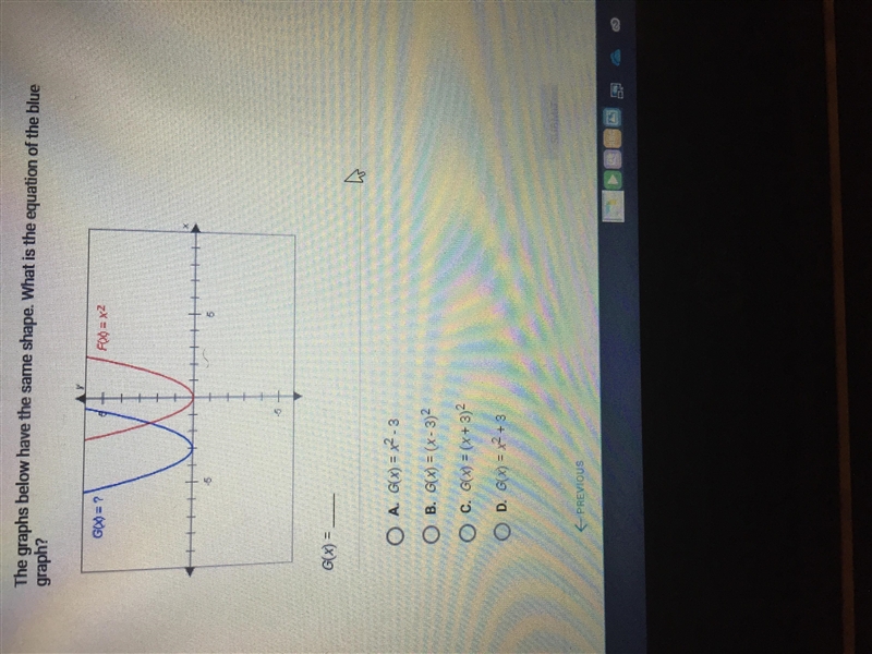 The graphs below have the same shape. What is the equation of the blue graph-example-1