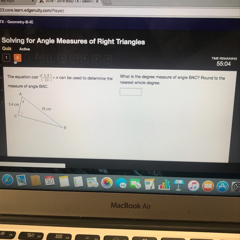 What is the degree measure of angle BAC? Round to the nearest whole degree.-example-1