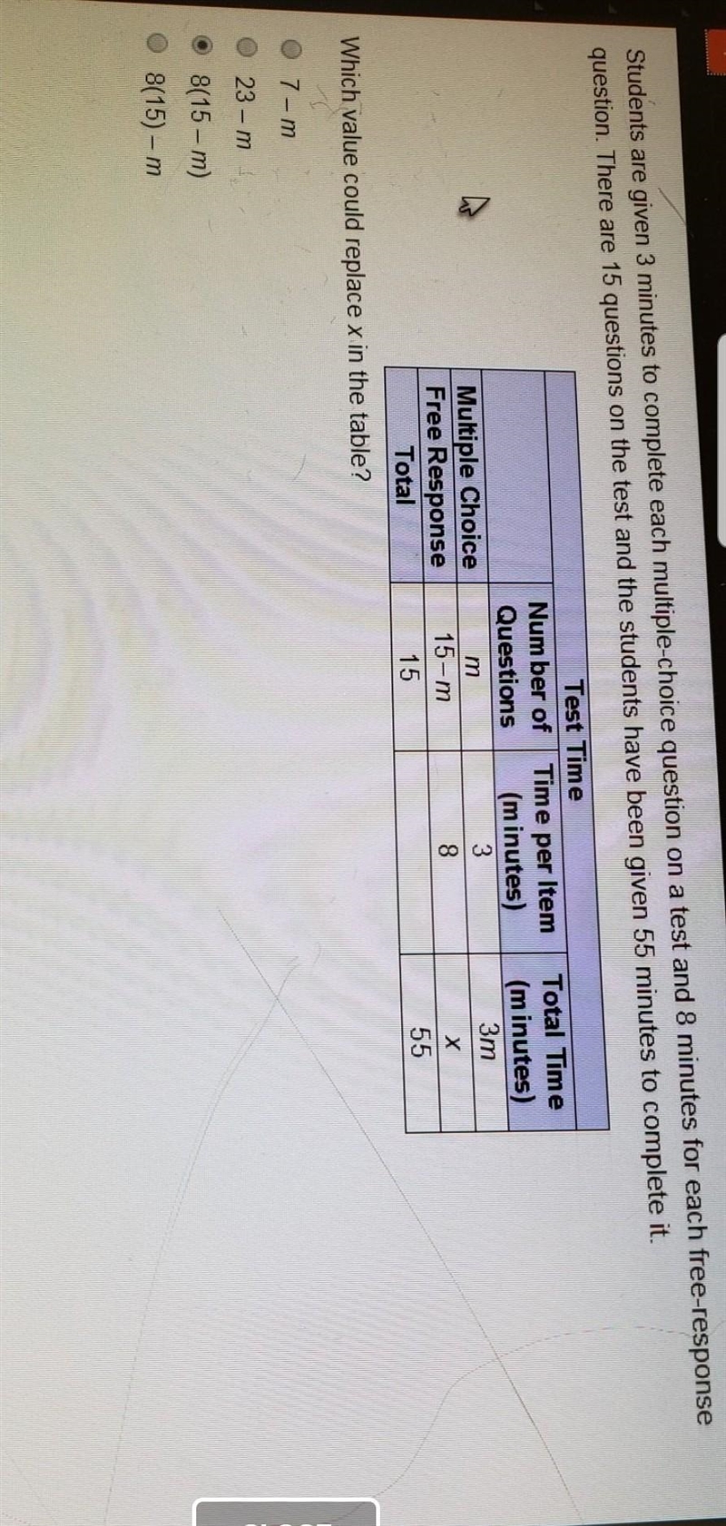 students are givien 3 minutes to complete each multiple choice question on a test-example-1