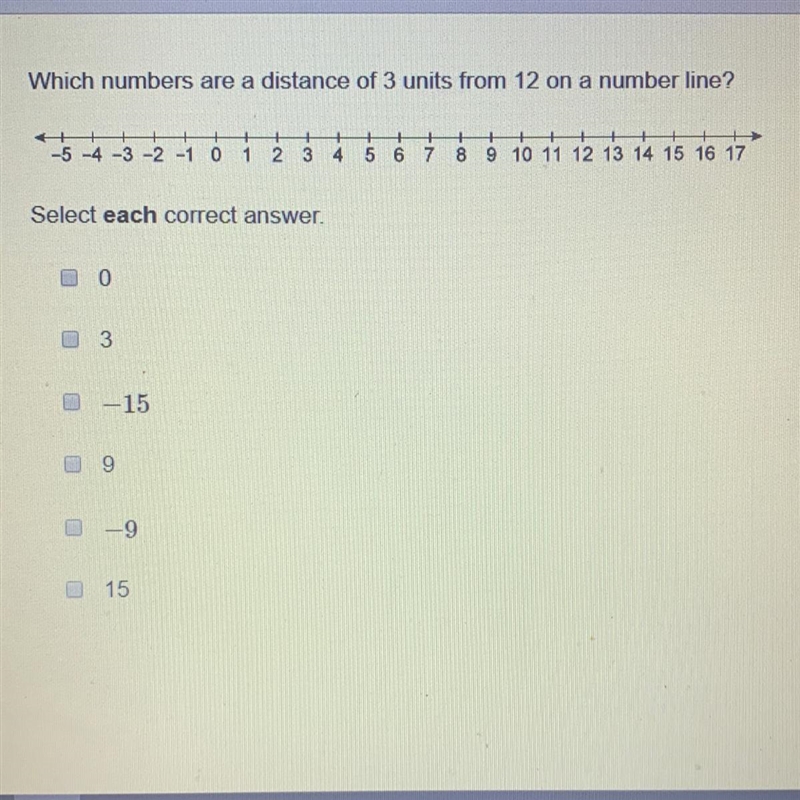 NEED ASAP!! Witch numbers are a distance of 3 units from 12 on a number line?-example-1