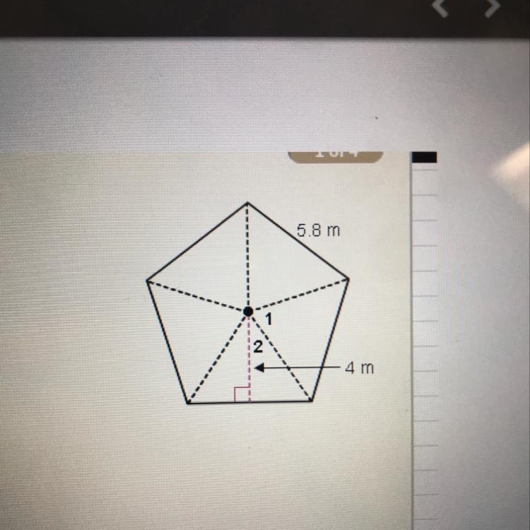 The apother is 4 m and a side is 5.8 m. What is the area of the pentagon? Round to-example-1