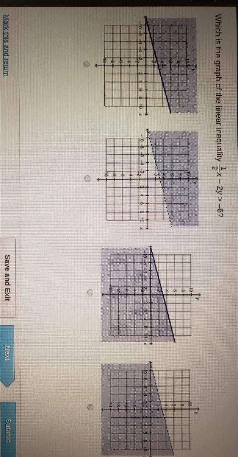 Which is the graph for the linear inequality 1/2x-2y>-6​-example-1