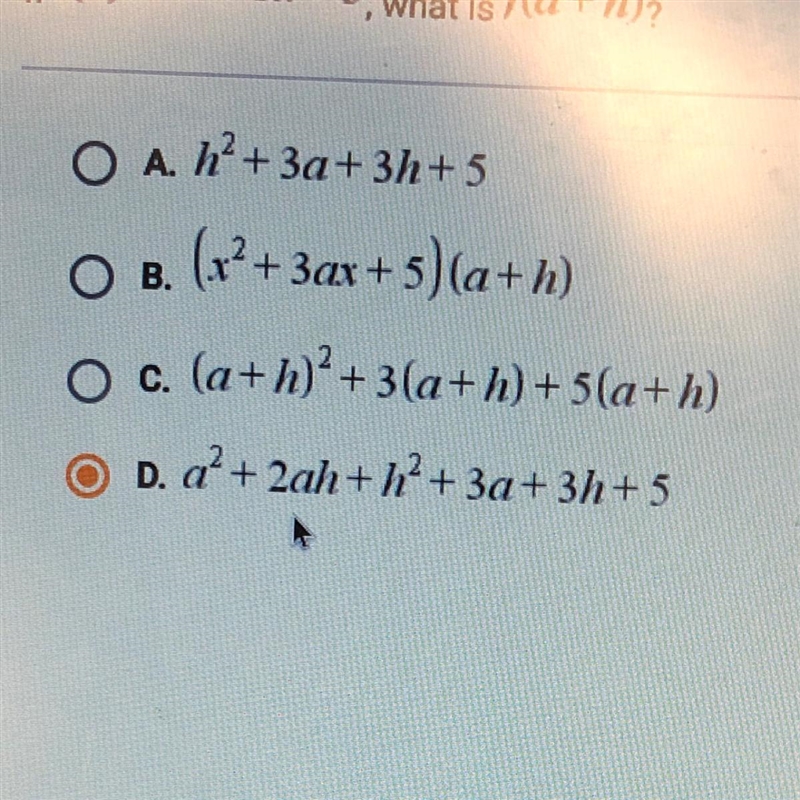 If f(x)=x2+3x+5, what is f(a+h)?-example-1