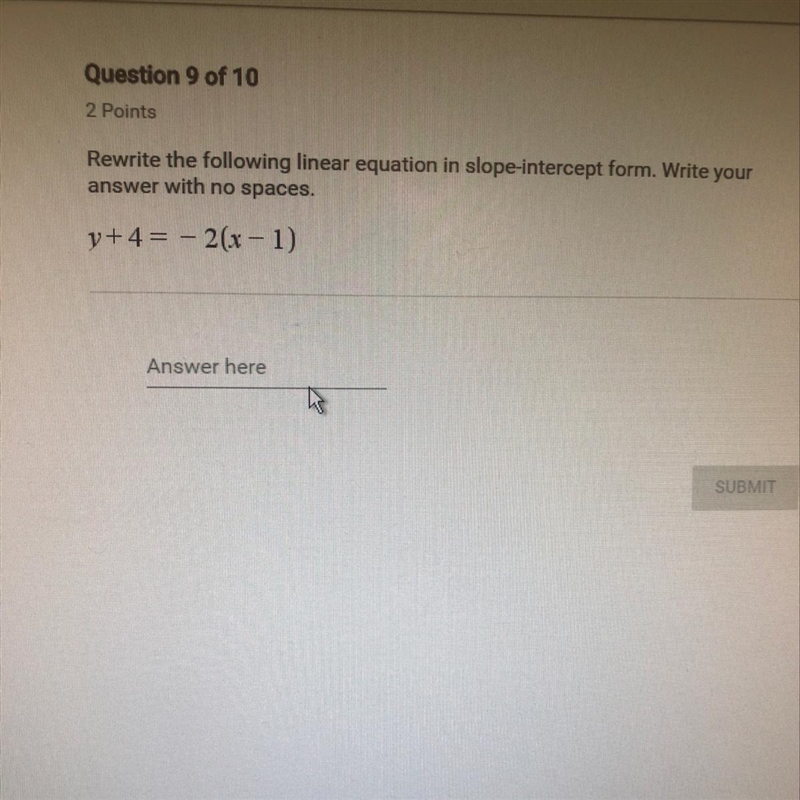 Rewrite the following linear equation in slope-intercept form. y+4=-2(x-1)-example-1