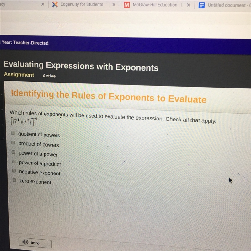 Which rules of exponents will be used to evaluate the expression.Check all that apply-example-1