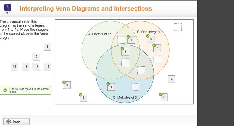 the universal set in this diagram is the set of integers from 1 to 15 place integers-example-1