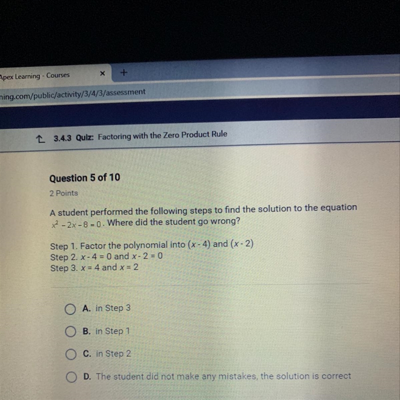 A student performed the following system to find the solution to the equation x2-2x-example-1