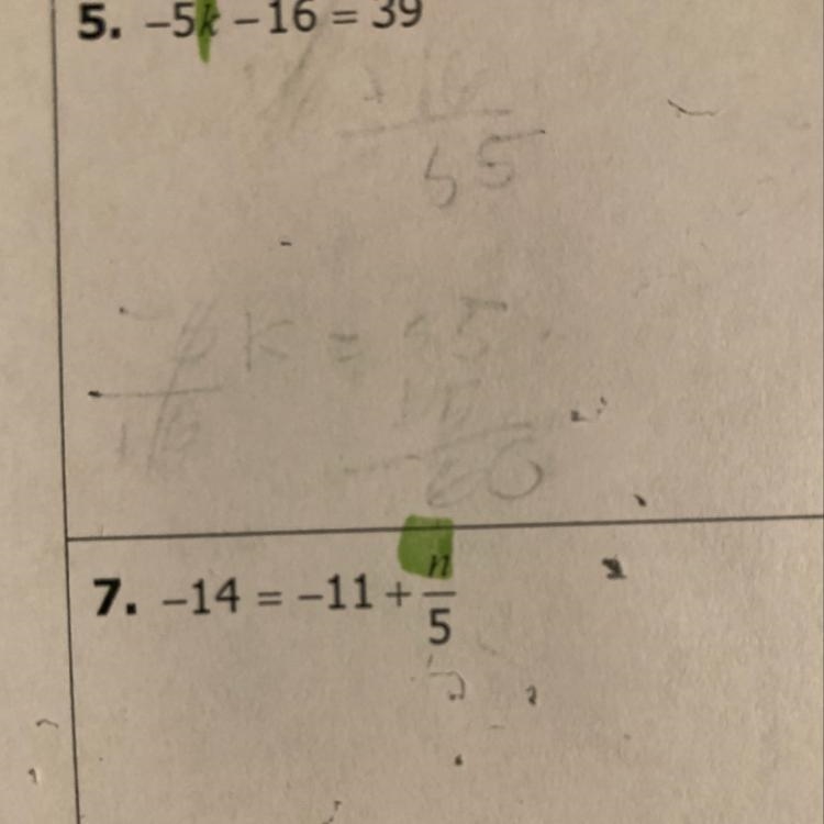 5. -5k - 16=39 7.-14 = -11+ n - 5-example-1