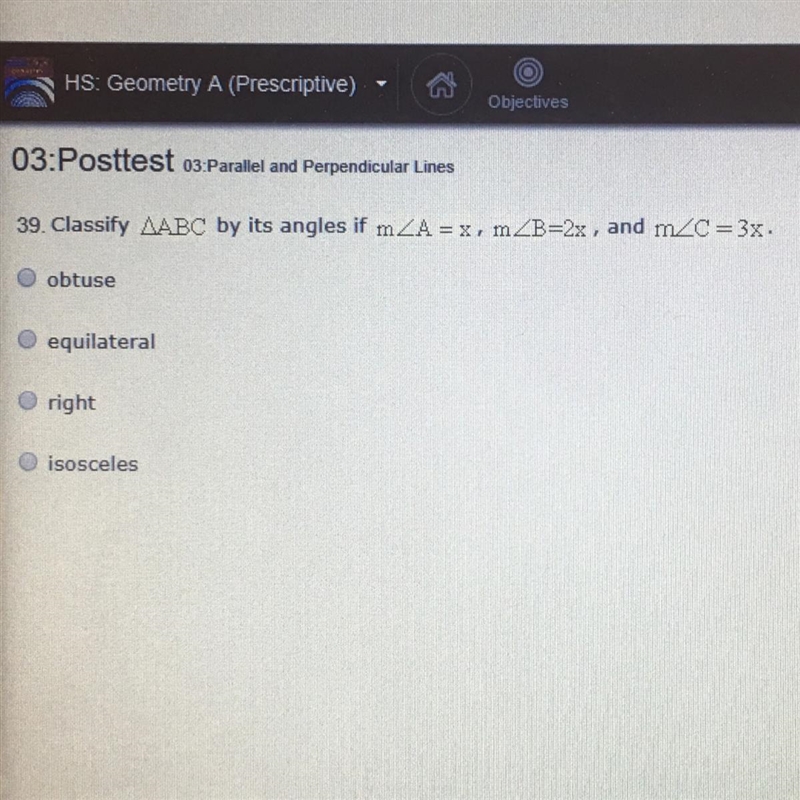 Classify ABC by its angles if mA=x, mB=2x and mC=3x-example-1