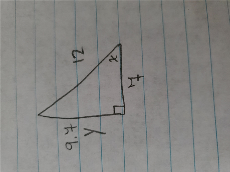 I have a right triangle. The hypotenuse is 12. The base is 7 and the other side is-example-1