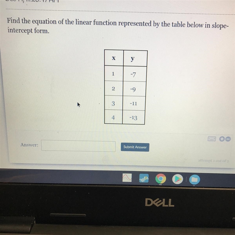 Find the equation of the linear function represented by the table below in slope intercept-example-1