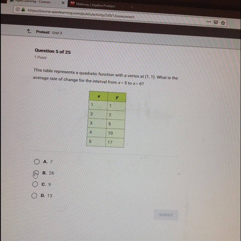 This table represents a quadratic function with a vertex at (1,1). What is the average-example-1