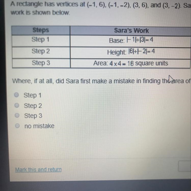 A rectangle has vertices at (-1,6), (-1,-2), (3,6), and (3,-2). Sara says the area-example-1