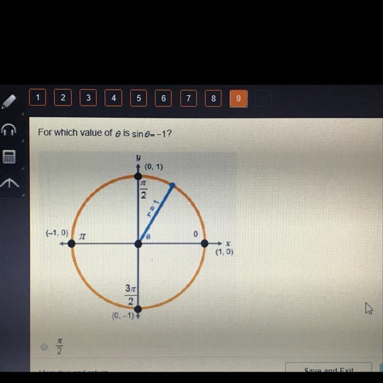 For which value of 0 is 0=-1? A) pi/2 B)pi C)3pi/2 D)2pi-example-1