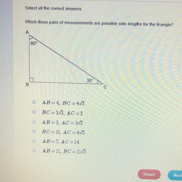 Which three pairs of measurements are possible side length for the triangle?-example-1