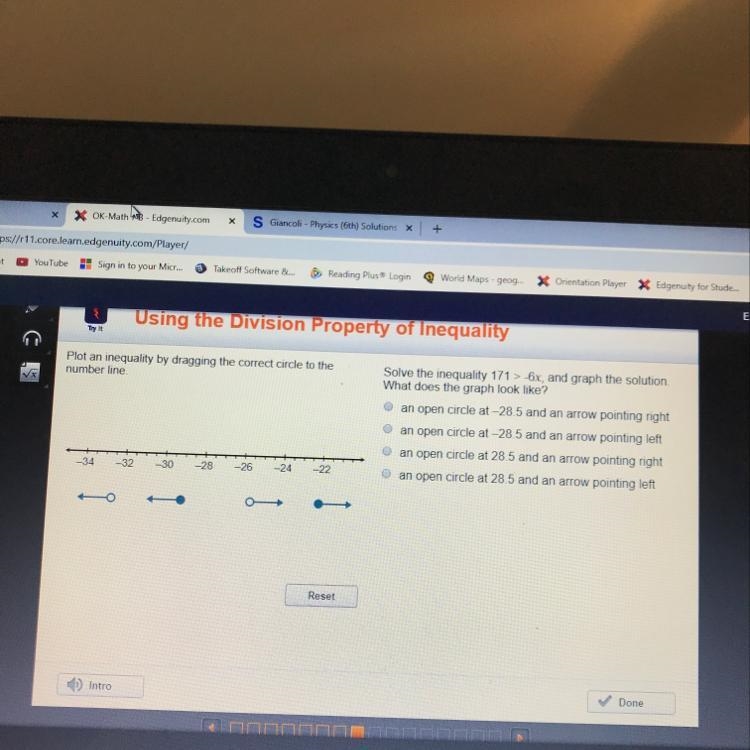 Solve the inequality 171>-6x and graph the solution what does the graph look like-example-1