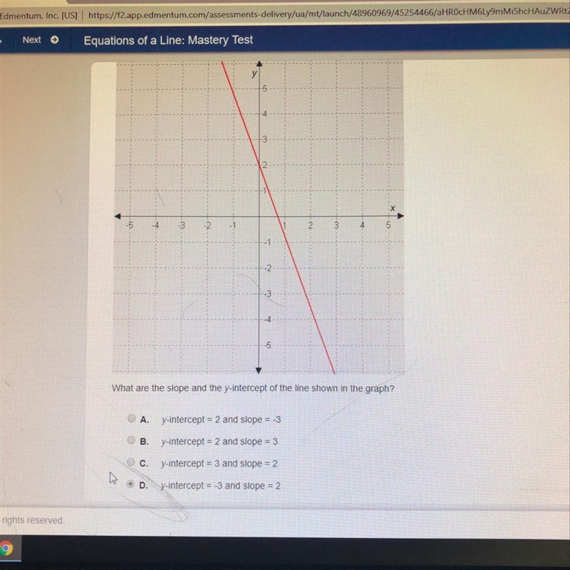 What are the slope and the y-intercept of the line shown in the graph-example-1