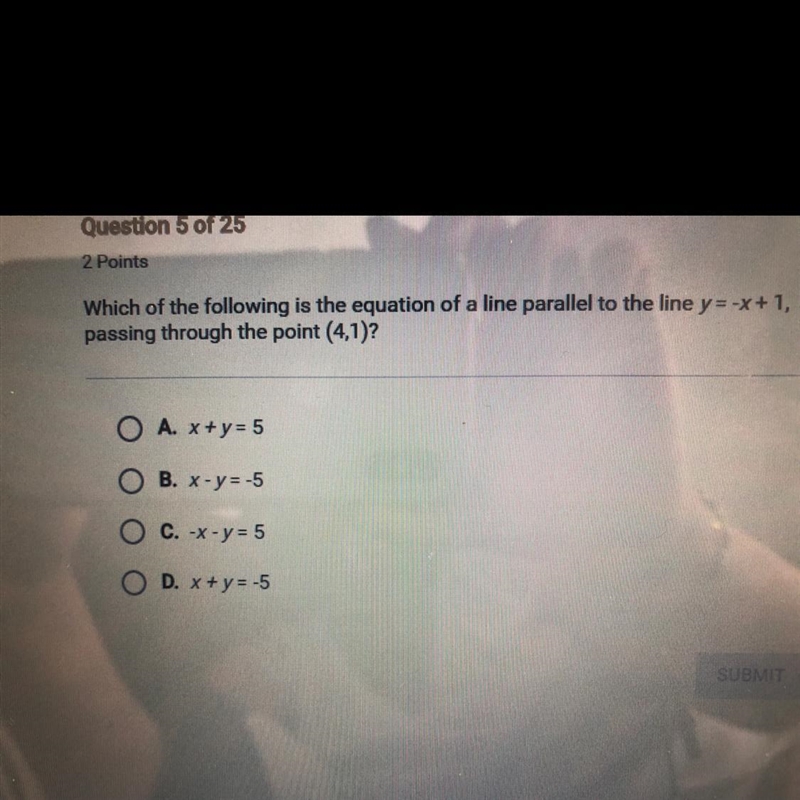 which of the following is the equation of a line parallel to the line y = -x + 1, passing-example-1