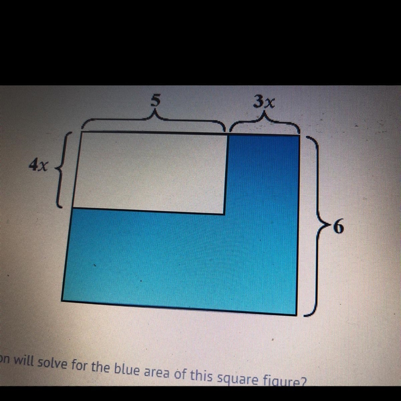 Which algebraic expression will solve for the blue area of this square figure? A. -12x-example-1