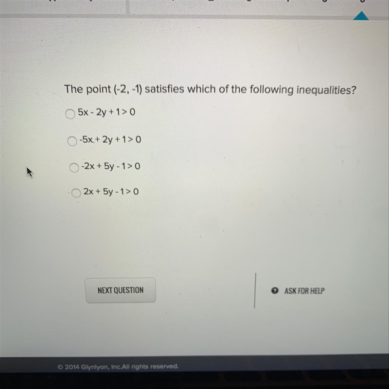 The point ( -2,-1) satisfies which of the following inequalities?-example-1