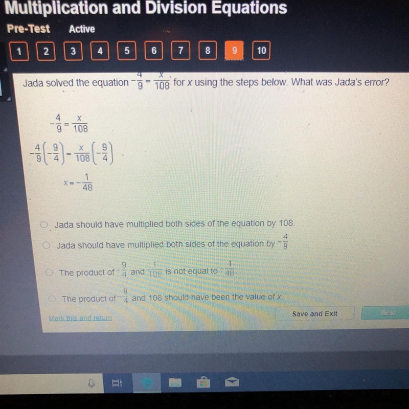 Jada solved the equation below what was jada’s error ?-example-1