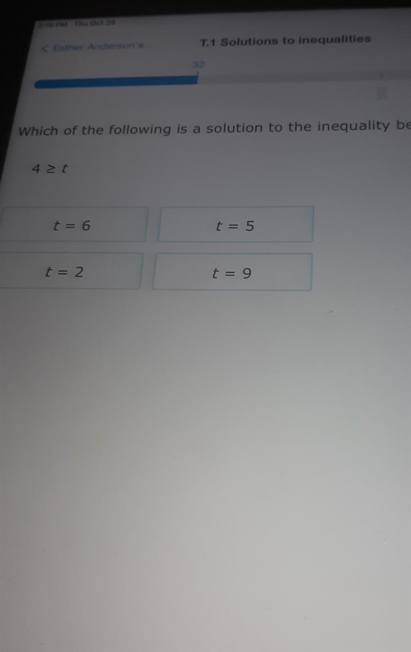 Which of the following is a solution to the inequality bel. 42 t t = 6 t=5 t = 2 t-example-1