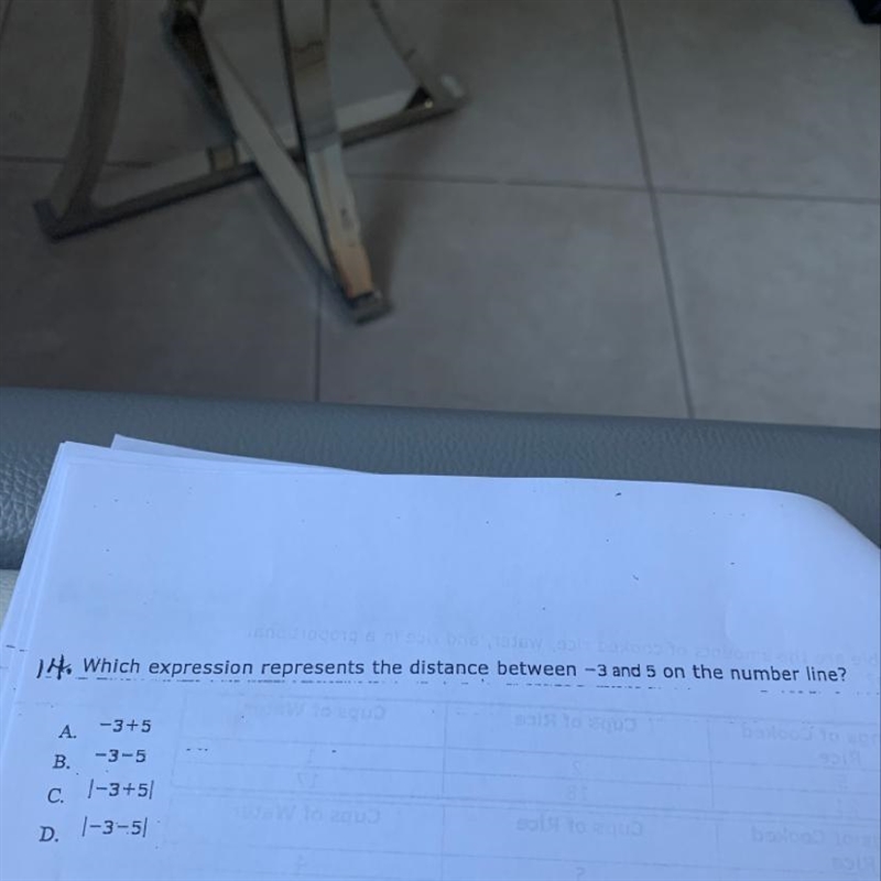 Which expression represents the distance between -3 and 5 on the number line? A.-3+5 B-example-1