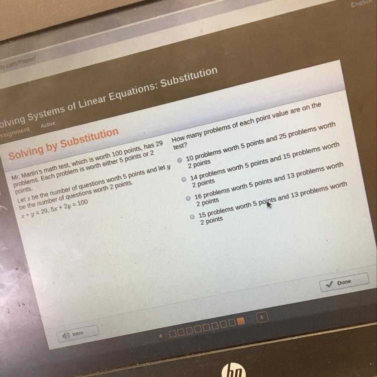 Mr.Martin is giving a math test next period.The test,which is worth 100 points,has-example-1