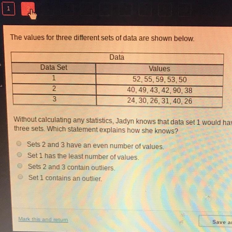 The values for three different sets of data are shown below. Without calculating any-example-1