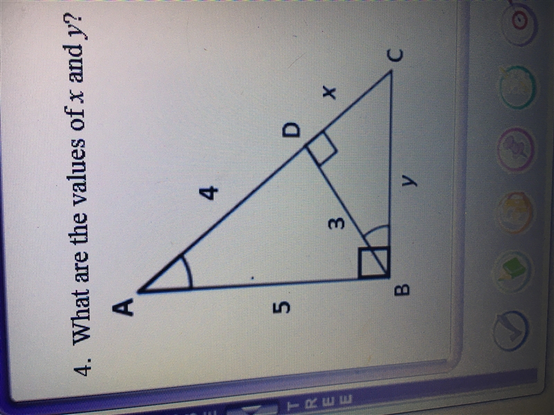 What are the values of x and y of triangle ABC if AB is 5 and AC is 4+x and BC is-example-1