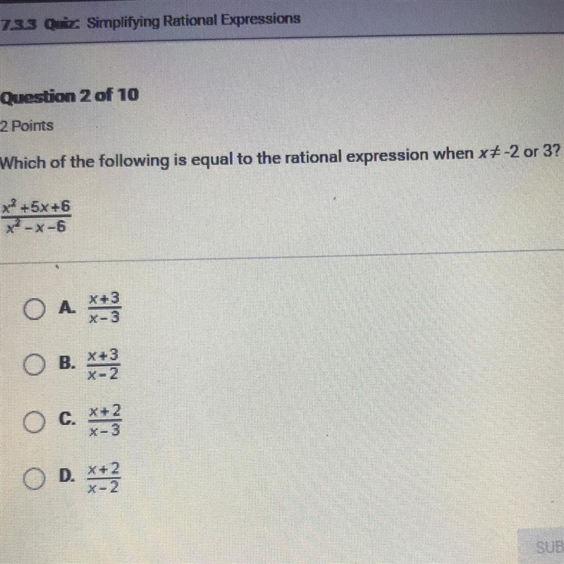 Which of the following is equal to the expression when x does not equal -2 or 3?-example-1