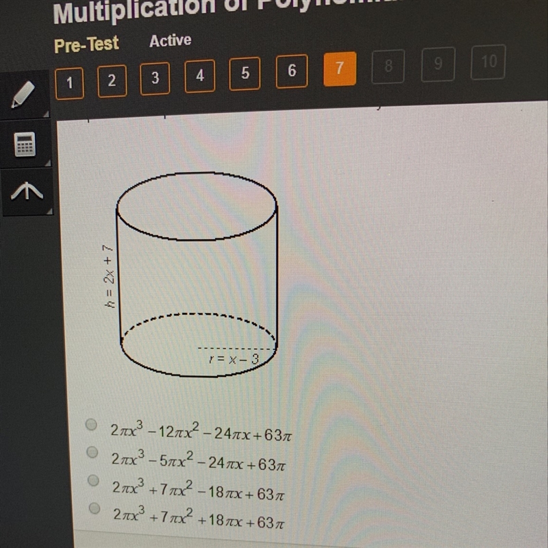 The volume of a cylinder is given by the formula V= pi^2h, where r is the radius of-example-1