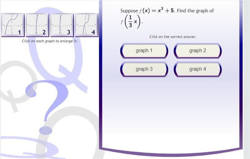 Suppose f (x) = x^3 + 5 . Find the graph of f (1/3 x)-example-1