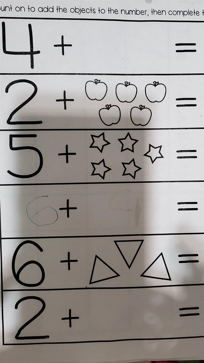 Date: Count on to add the objects to the number, then complete the equation 4+ = + = 2+ =​-example-1