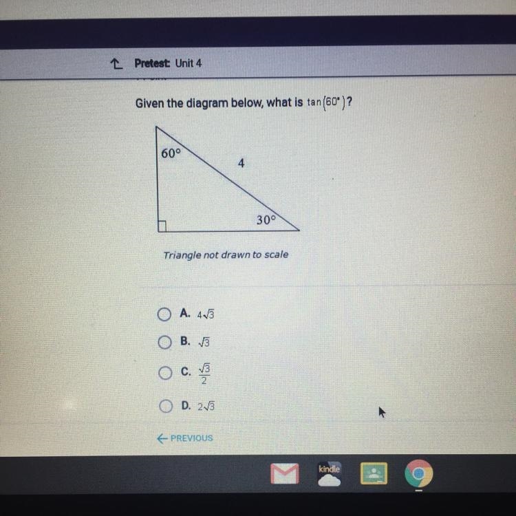 Given the diagram below, what is tan(60°)? Triangle not drawn to scale-example-1