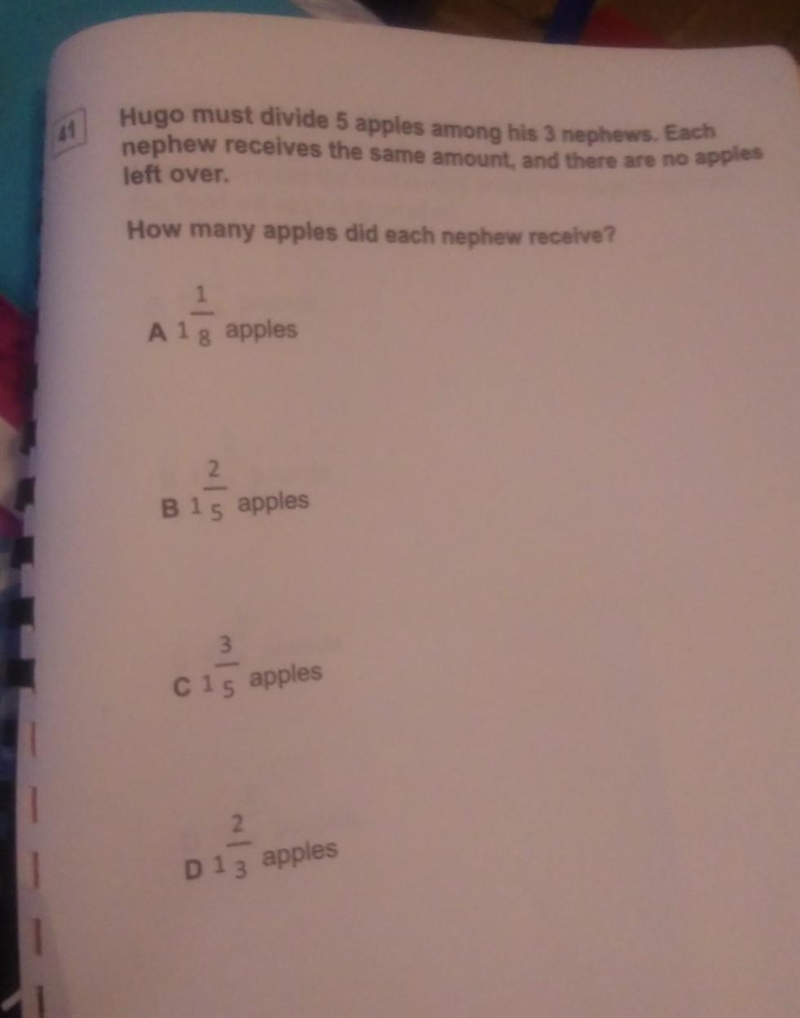 hugo must divide 5 apples among his 3 nephews. Each nephew receives the same amount-example-1