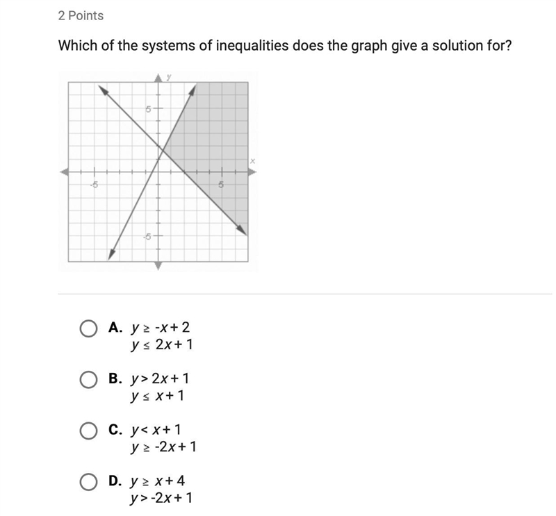 Which of the systems of inequalities does the graph give a solution for? PLEASE HELP-example-1