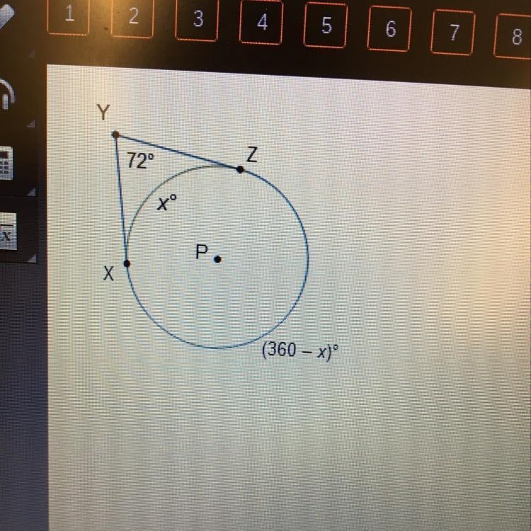 In the diagram of circle P, m XYZ is 72°. What is the value of x? 108° 144 2160 252-example-1