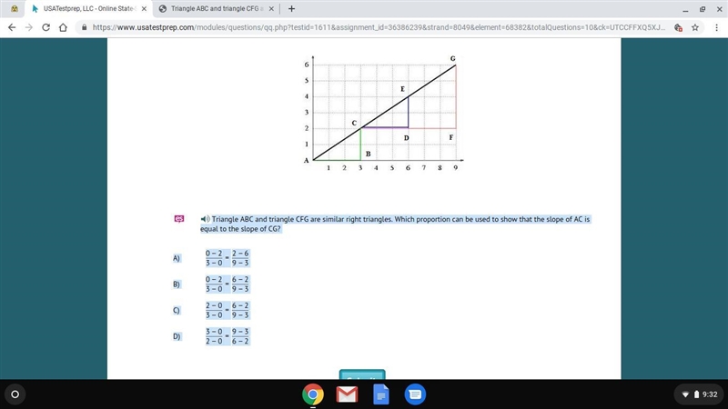 Triangle ABC and triangle CFG are similar right triangles. Which proportion can be-example-1