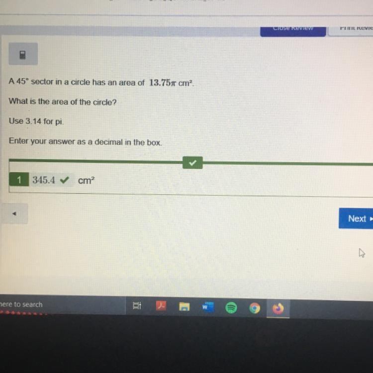 A 45° sector in a circle has an area of 13.75 π cm2. what is the area of the circle-example-1