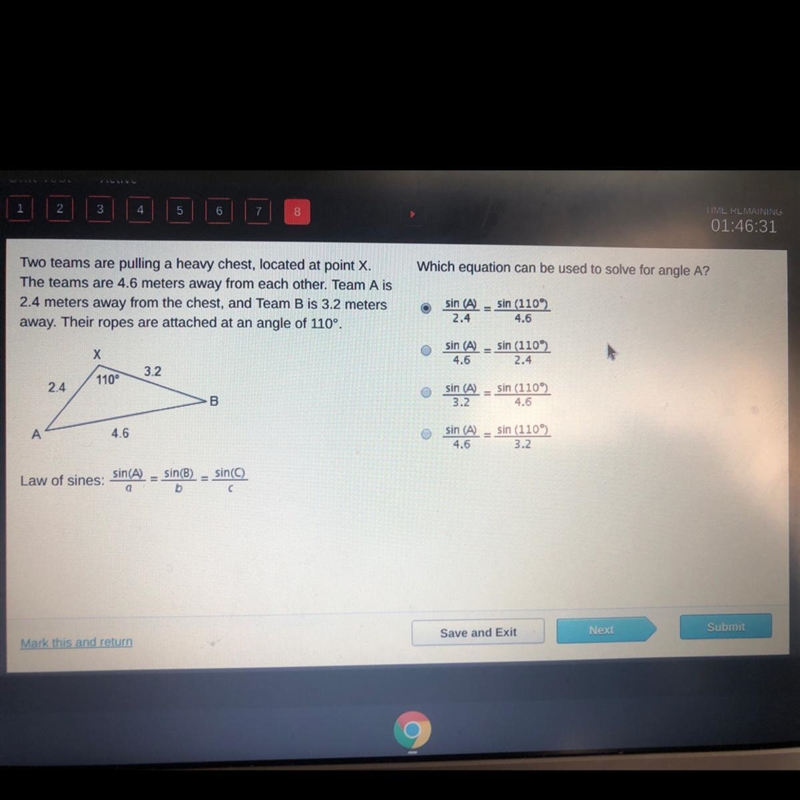 Which equation can be used to solve for angle A? sin (A) 2.4 sin (110° 4.6 sinca) = sin-example-1