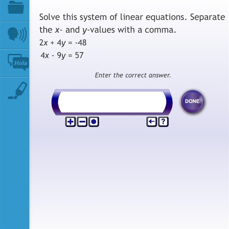 Solve this system of linear equation. Supérate the x- and y-values with a comma. 2x-example-1