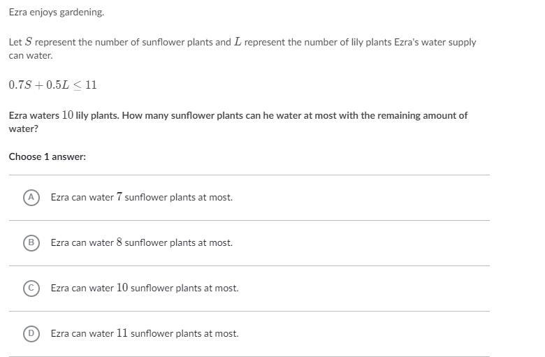 Ezra enjoys gardening. Let S represent the number of sunflower plants and L represent-example-1