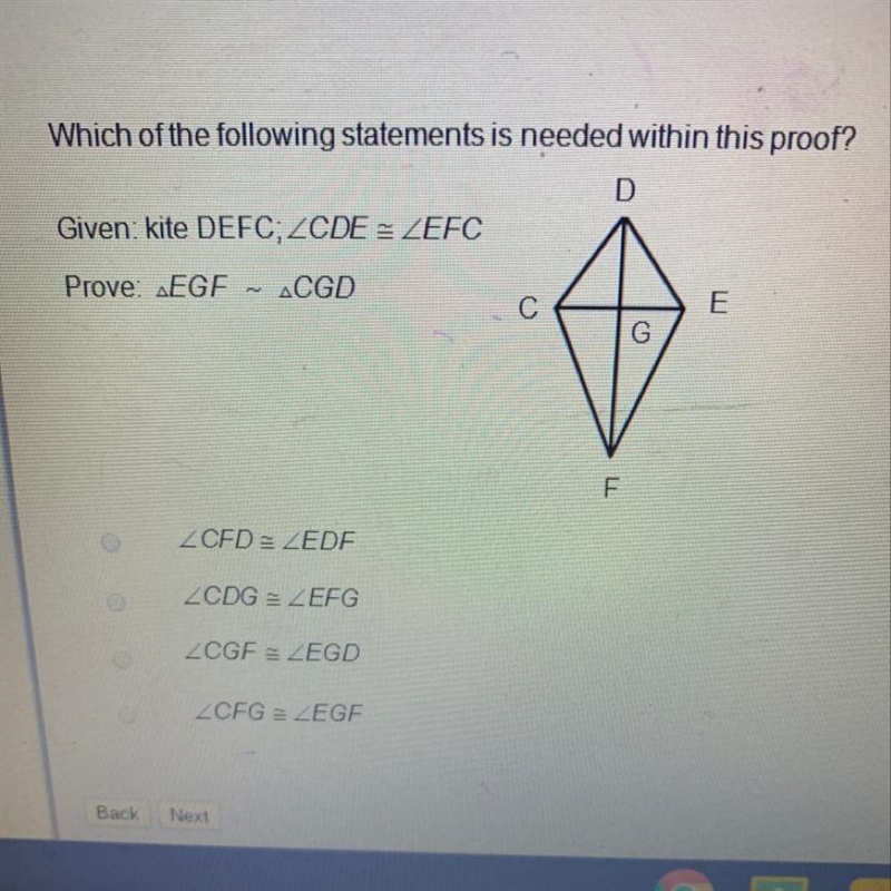 Which of the following statements is needed within this proof? Given:kite DEFC;ZCDE-example-1