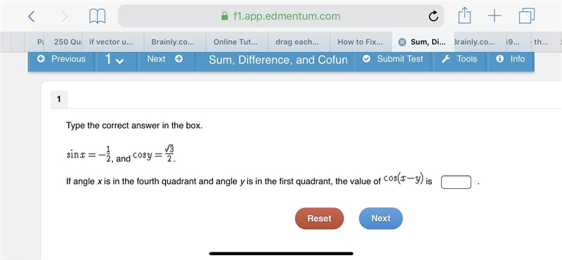 Please help!!!! sinx= -1/2, and cosy= sqrt 3/2. if angle x is the fourth quadrant-example-1