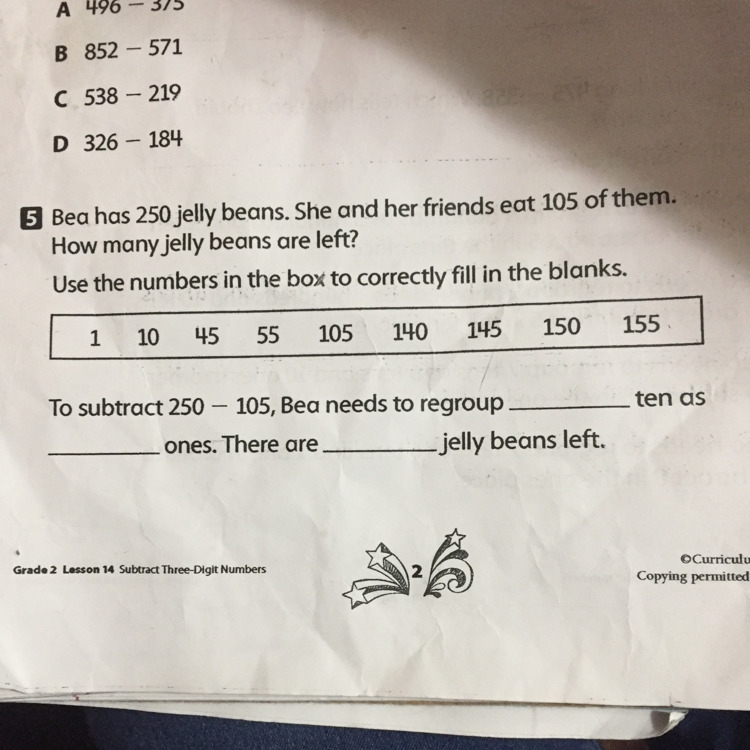 To subtract 250-105, Bea needs to regroup tens as ones. There are jelly beans left-example-1