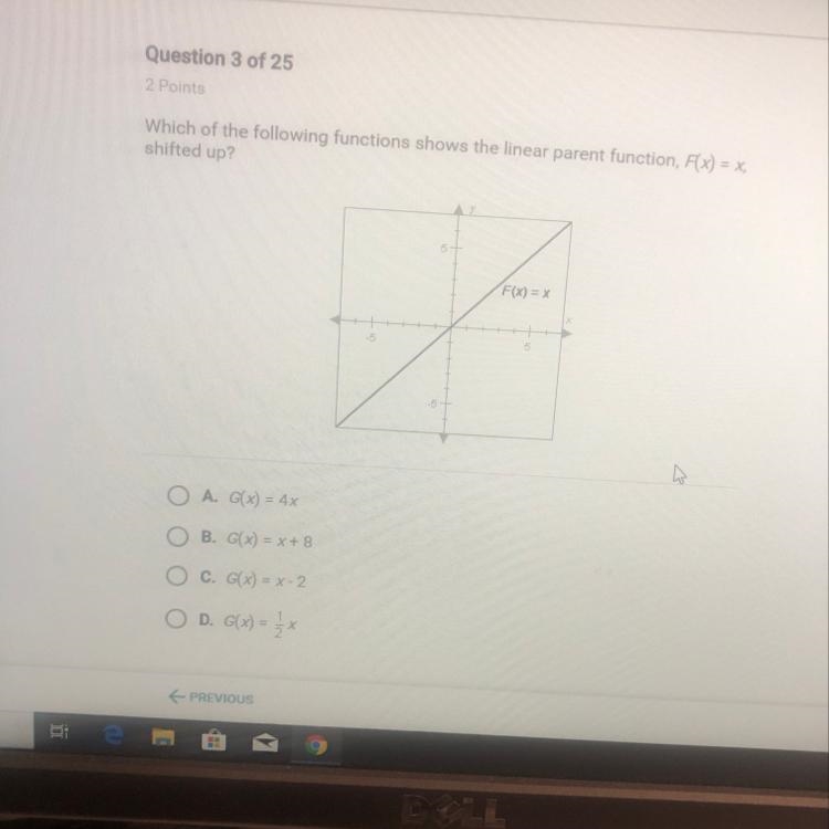 Which of the following functions shows the linear parent function, f(x)=x, shifted-example-1